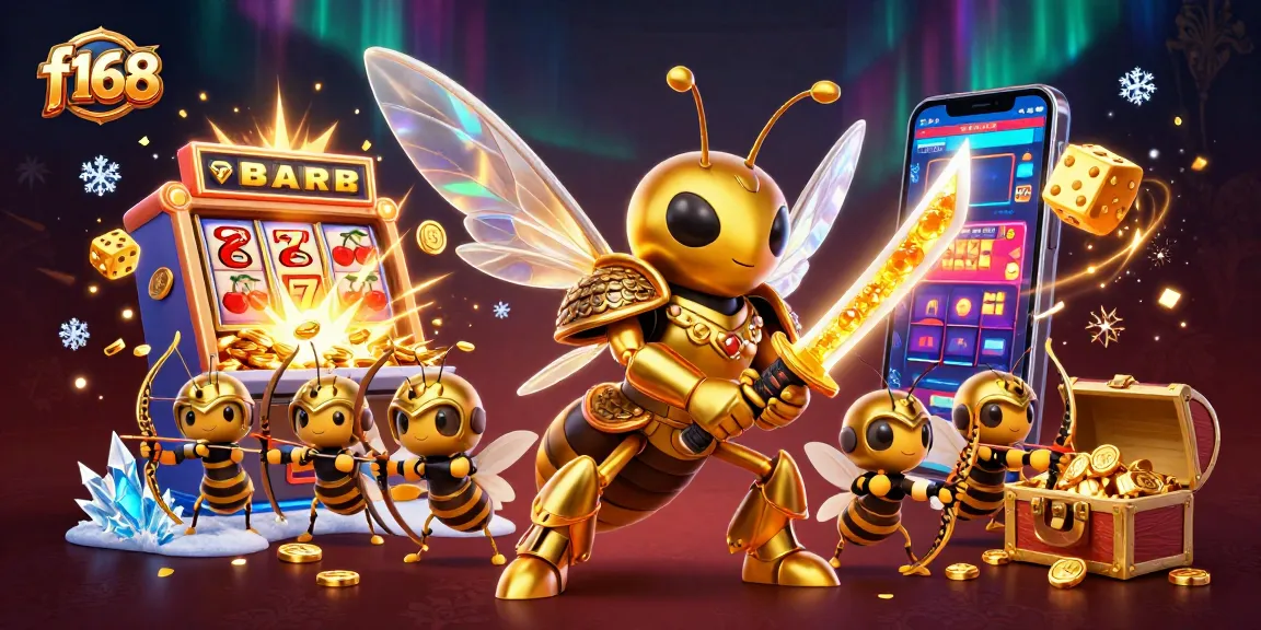 Engage with f168's vibrant spinning slot machines amidst a dazzling array of coins and casino game elements.