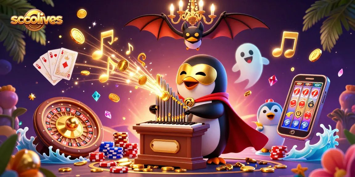 Socolives showcases a whimsical 3D penguin at a pipe organ, delighting with golden coin showers in an animated casino scene.