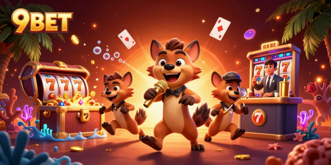 9BET hyena casino characters entertaining with drinks and comedy in a vibrant casino scene
