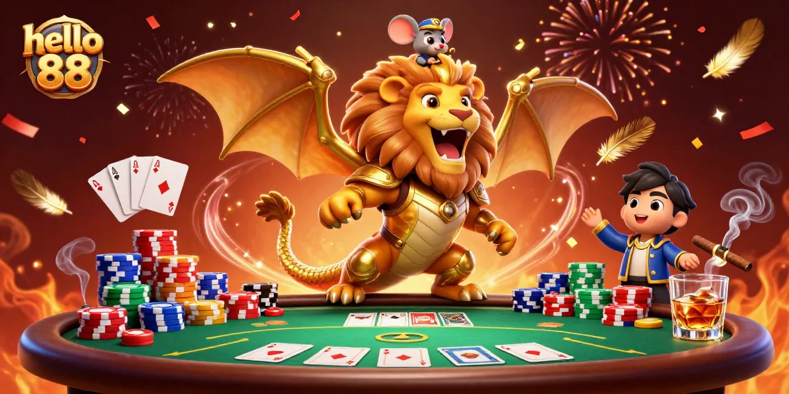 Experience the excitement of hello 88 with a triumphant chimera creature in a dazzling poker scene.
