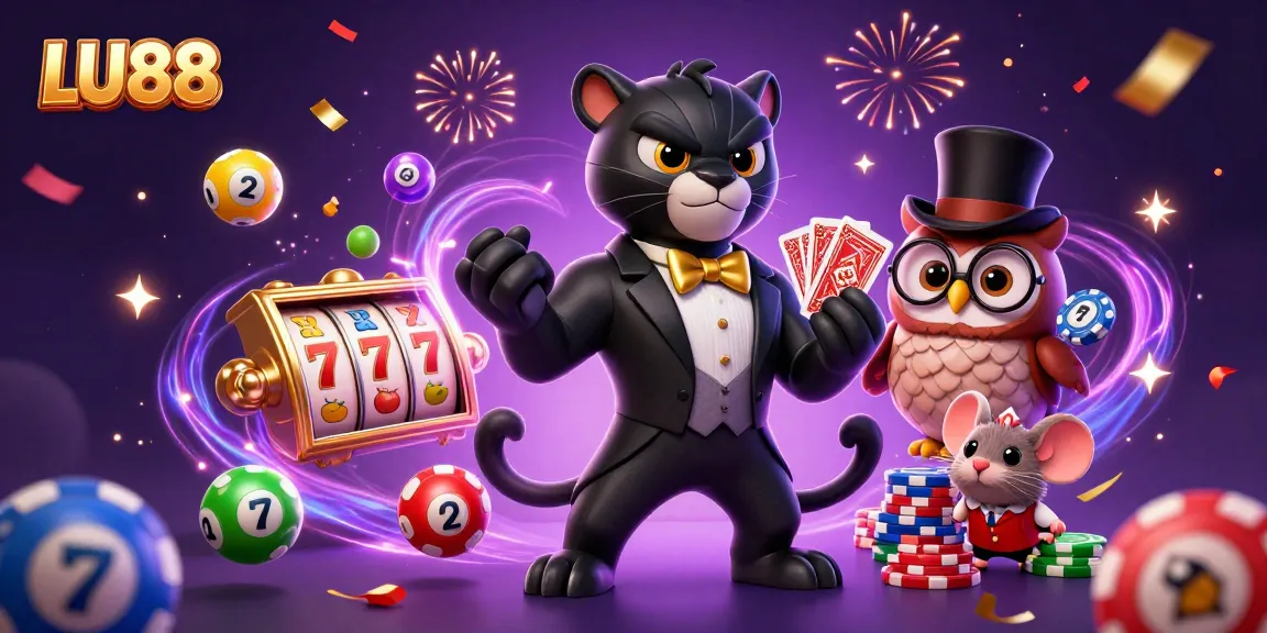 LU88 showcases an exciting casino scene with vibrant characters and slot elements, capturing the thrill of gambling.