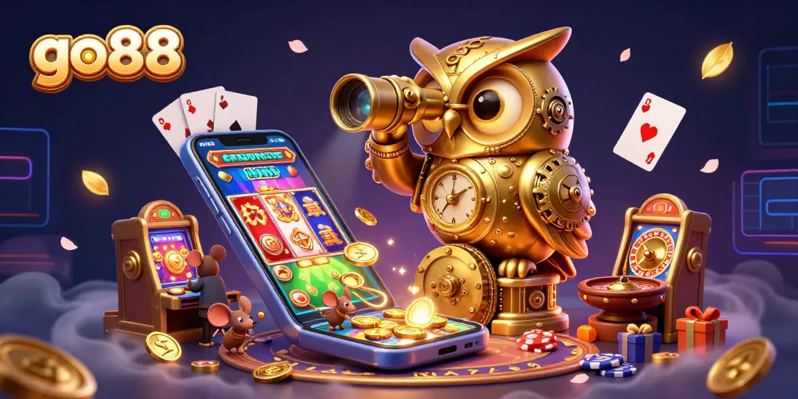 Engage with go88's vibrant slot games featuring a golden owl, colorful slot machines, and exciting gaming elements.