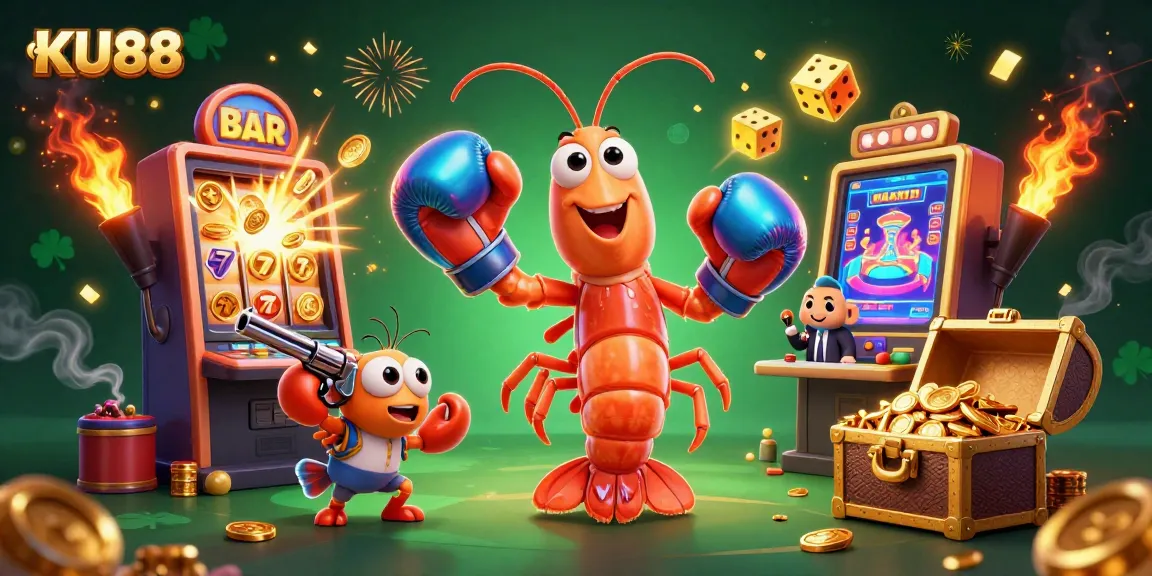 Play exciting casino games with KU88 in this vibrant illustration featuring slot machines and dynamic characters.