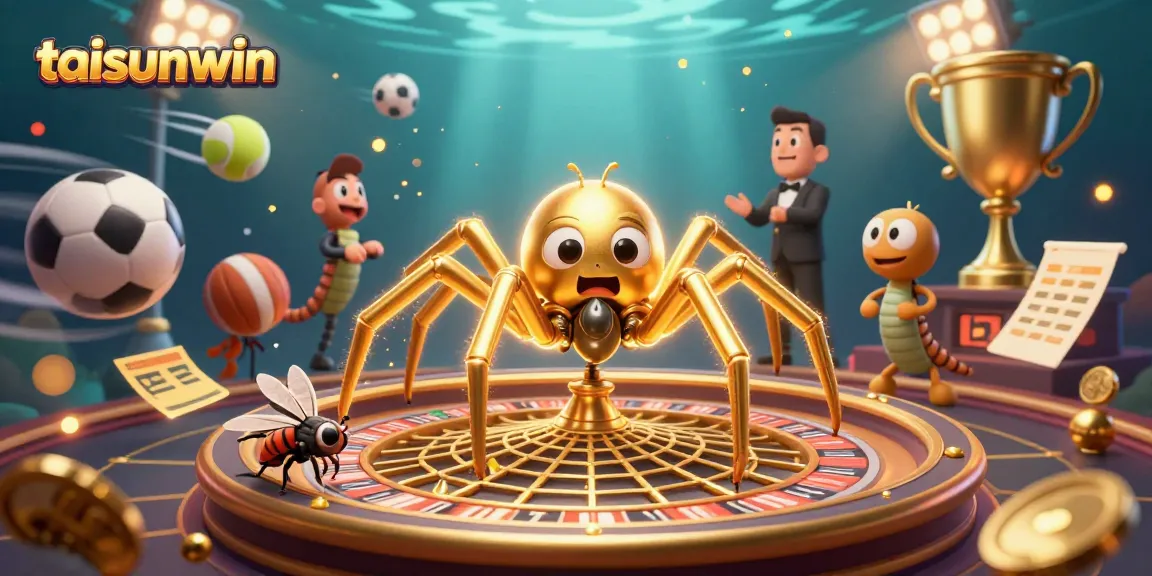 Engaging scene showcasing a golden spider as a dealer in a casino-themed world, placed at the center of the taisunwin roulette web.
