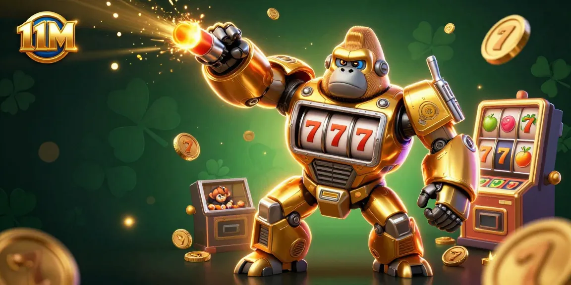 Experience the thrill of 11M with a dynamic golden gorilla mech embodying slot machine excitement, coins exploding around.
