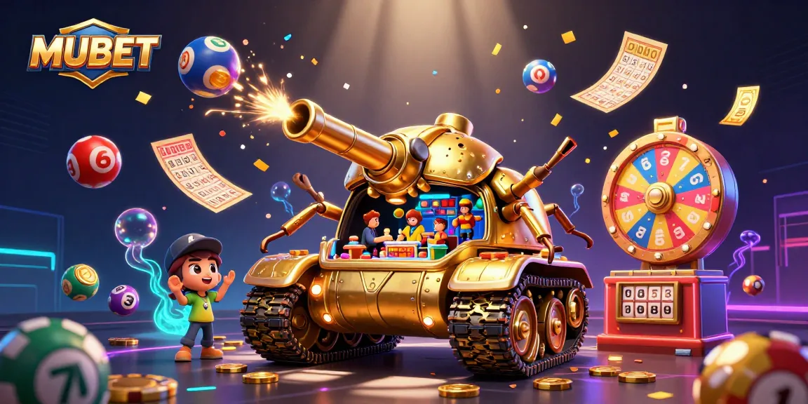 MUBET showcases a vibrant 3D casino scene with a golden beetle tank, lottery balls, and confetti.