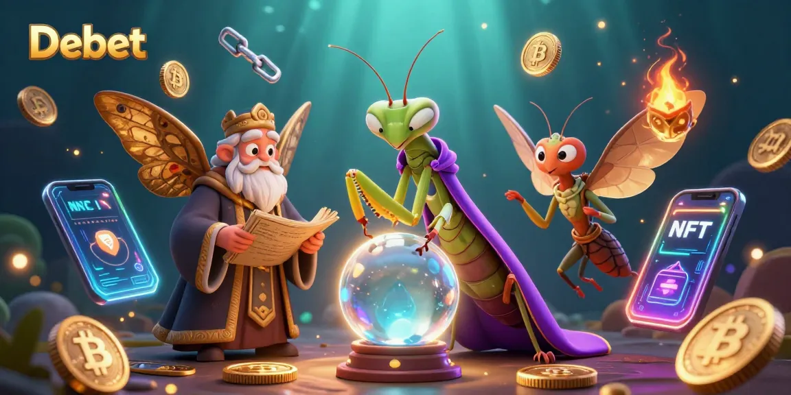 Engage with Debet's magical casino world featuring fortune tellers and cryptocurrency symbols.