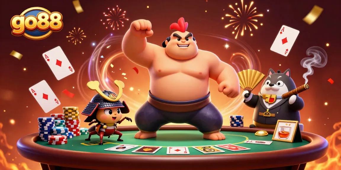 Go88 reveals thrilling poker action with a powerful sumo rooster and fierce samurai cricket.