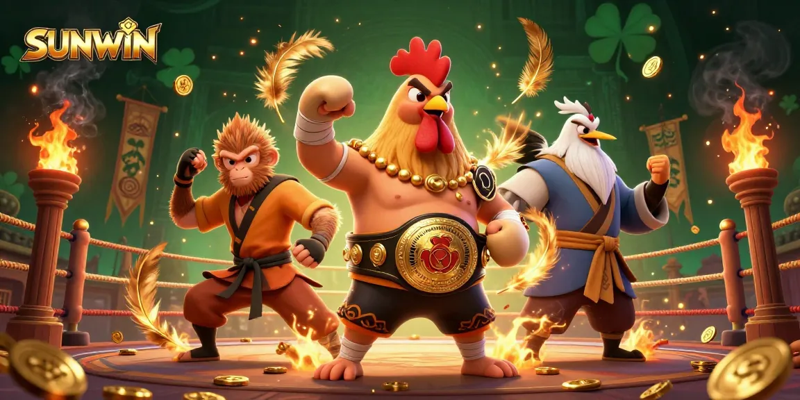SUNWIN offers an action-packed scene with a Muay Thai rooster, Shaolin monkey, and crane master in a dynamic betting arena.