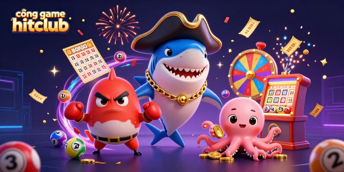 Experience the excitement of cổng game hitclub with vibrant lottery balls and winning characters in a dynamic scene.