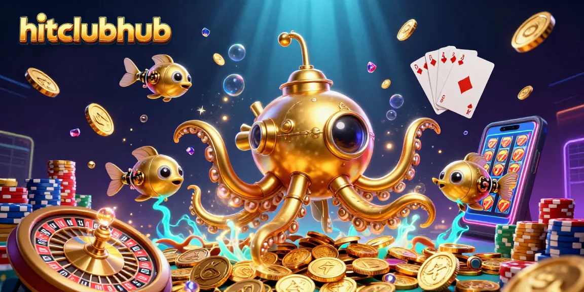Spin the reels at hitclubhub with a golden kraken submarine and treasure-filled scene.