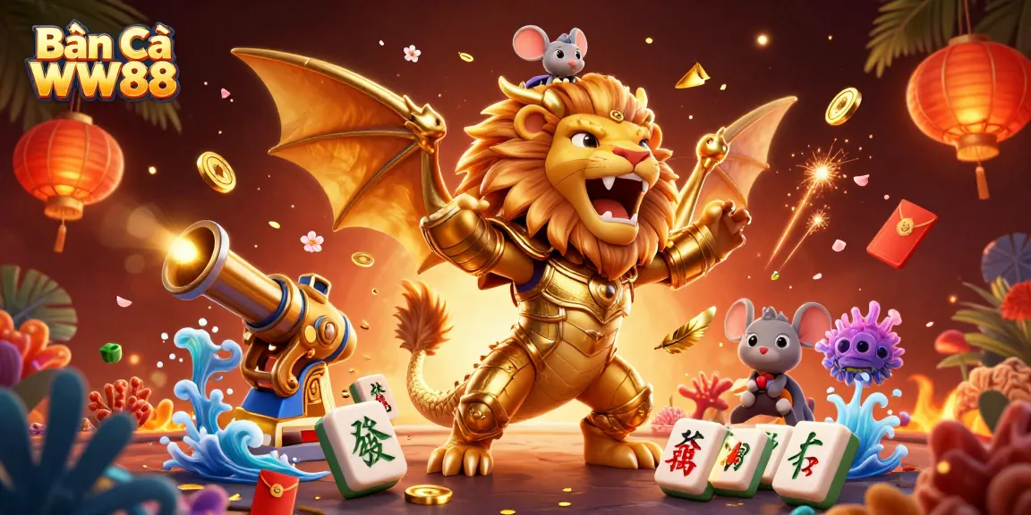 Bắn Cá WW88 vibrant underwater scene with a golden chimera and joyful mouse jockey, thrilling casino elements