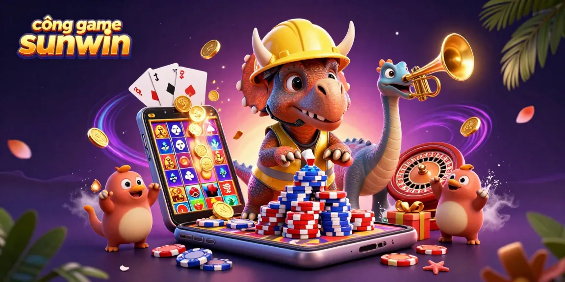 Experience the excitement at cổng game sunwin with vibrant 3D characters celebrating gaming wins amidst dynamic casino elements.