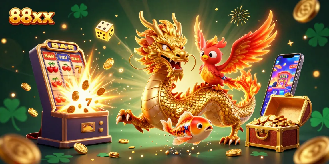 Engage with thrilling 88xx casino adventures featuring a golden dragon, phoenix, and coins!