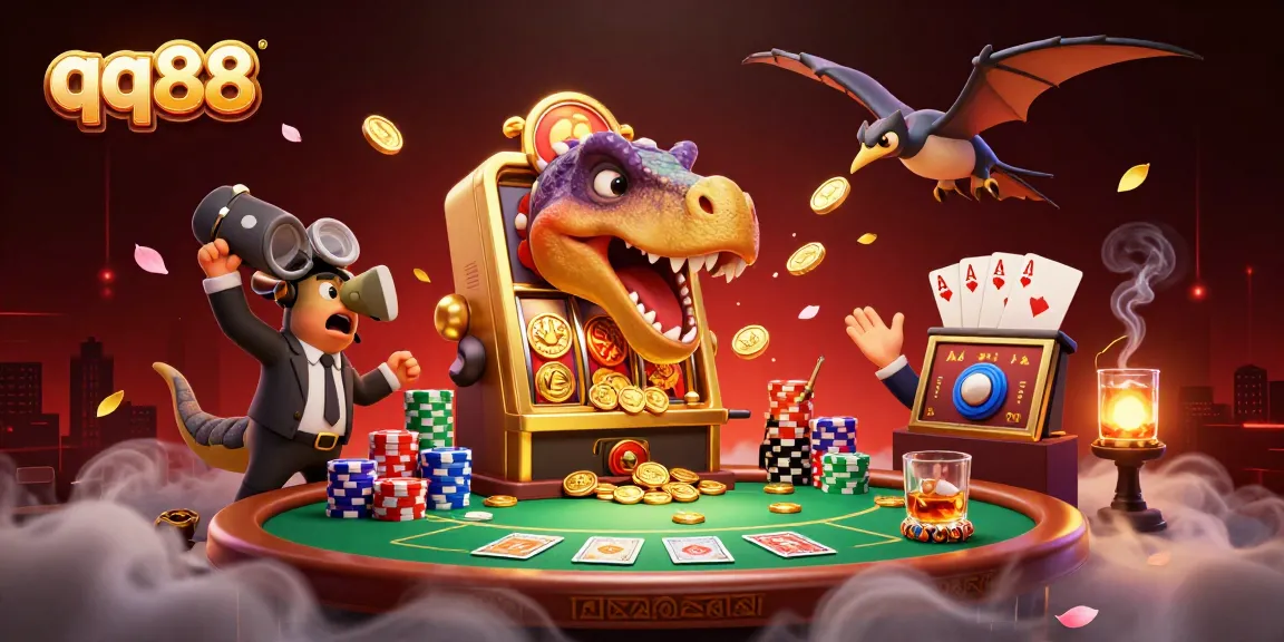 Witness the thrilling excitement at qq88 with animated characters battling at a golden slot machine for jackpot coins.