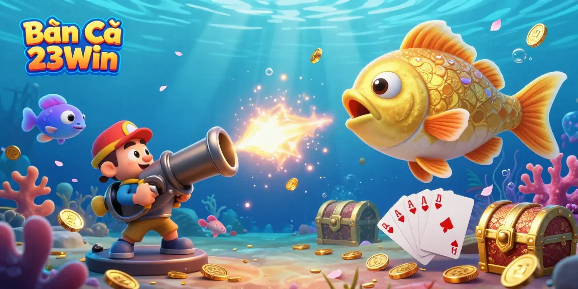 Bắn Cá 23Win game features an underwater scene with a player shooting fish and winning big rewards.