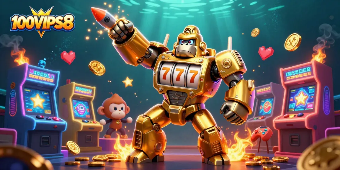 Experience winning strategies at 100VIPS8 with engaging 3D casino art featuring a golden gorilla mech.