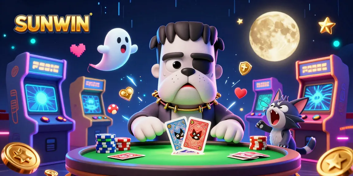 SUNWIN brings excitement with a Frankenstein bulldog dealing cards in a haunted casino scene.