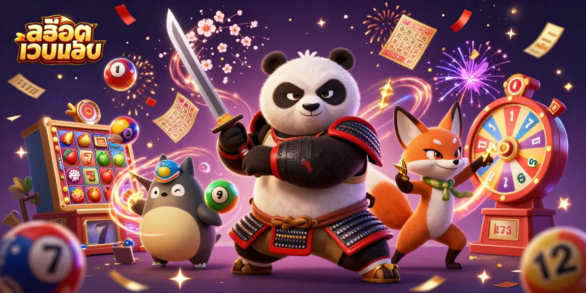 Experience the thrill of สล็อตเว็บตรง with a dynamic scene of samurai panda, ninja fox, and spirit tanuki.