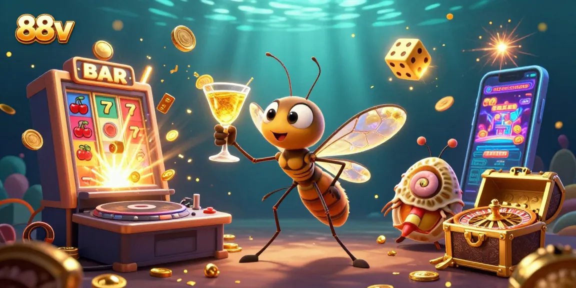 Experience the excitement of 88vv casino with a vibrant scene featuring animated characters, slot machines, and a golden roulette wheel.